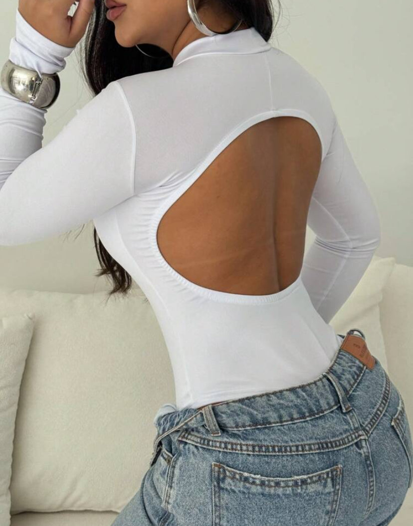 Body Collant Feminino Gola Alta com Costas Nuas – Manga Longa Estilo Casual, Sexy e Elegante Moda Gringa Blogueira | Madassa