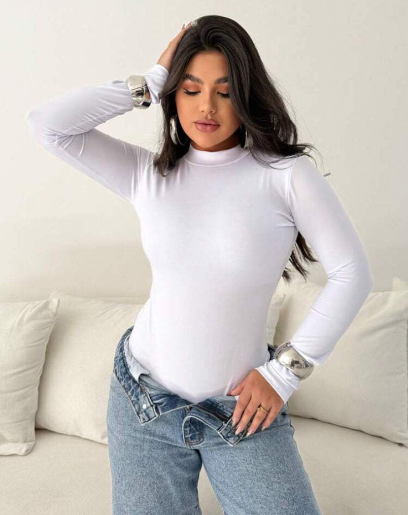 Body Collant Feminino Gola Alta com Costas Nuas – Manga Longa Estilo Casual, Sexy e Elegante Moda Gringa Blogueira | Madassa