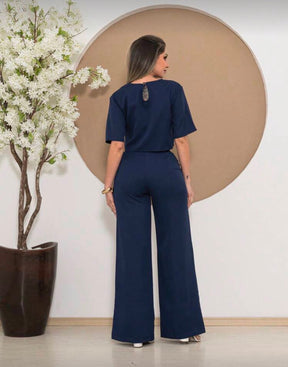 Conjunto Megham Feminino de Alfaiataria Premium: Blusa Manga Curta e Calça Reta