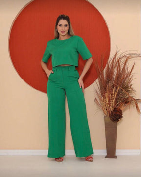 Conjunto Megham Feminino de Alfaiataria Premium: Blusa Manga Curta e Calça Reta