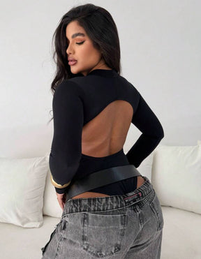 Body Collant Feminino Gola Alta com Costas Nuas – Manga Longa Estilo Casual, Sexy e Elegante Moda Gringa Blogueira | Madassa