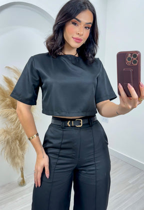 Conjunto Megham Feminino de Alfaiataria Premium: Blusa Manga Curta e Calça Reta