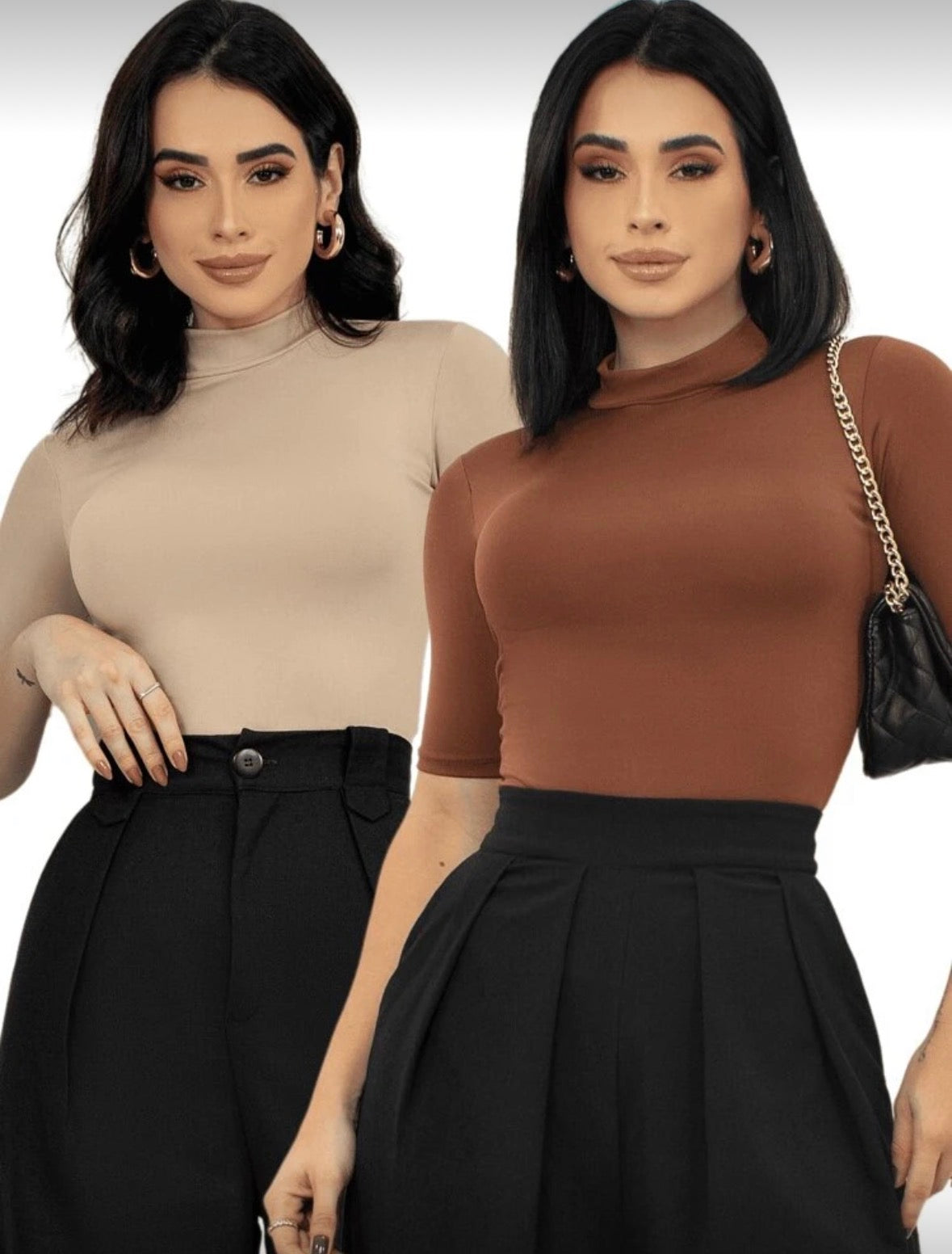 Compre 1 Leve 2 – Kit 2 Blusas Femininas Gola Alta Cacharrel em Suplex Manga Curta Lisa para Outono e Inverno | Madassa