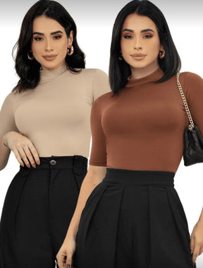 Compre 1 Leve 2 – Kit 2 Blusas Femininas Gola Alta Cacharrel em Suplex Manga Curta Lisa para Outono e Inverno | Madassa